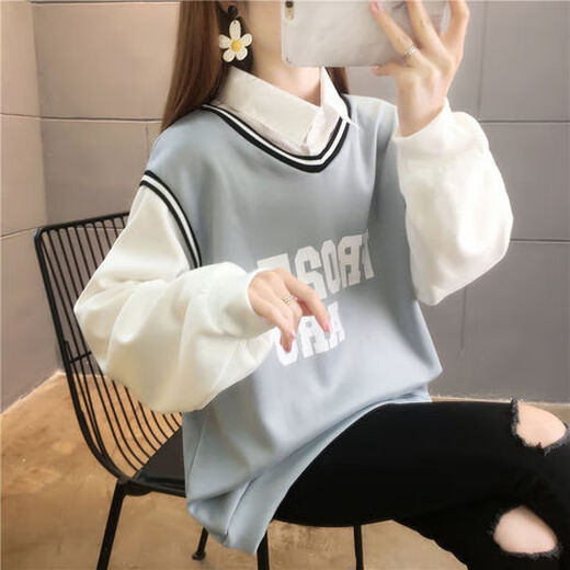 泰载潮流卫衣女小个子女生学加绒秋冬宽松众外套保暖百搭假两件套上 6169#蓝色【加绒加厚】 M码【建议80-100斤】