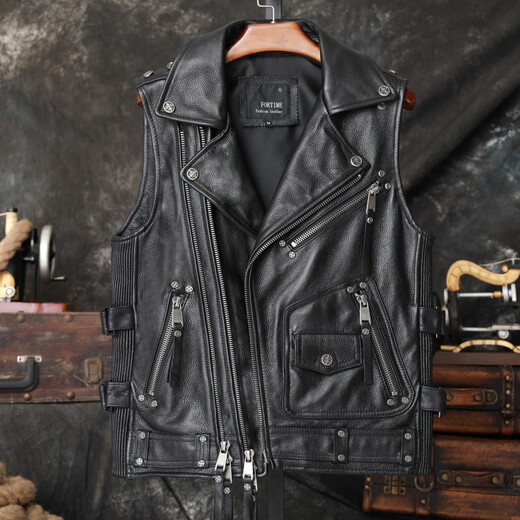 Lee dprre vest cowhide leather jacket men's short cycling heavy motorcycle leather vest trendy black 3XL