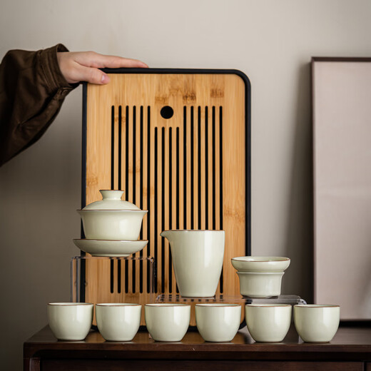Haozun (HAOZUN) Beige Ru Kiln Kung Fu Tea Set High-end Complete Ceramic Tea Set Teapot Xishi Pot Covered Bowl Tea Cup Tea Tray Beige Ru Kiln <Guyun> Covered Bowl 6 Cups 10 Heads No Specifications