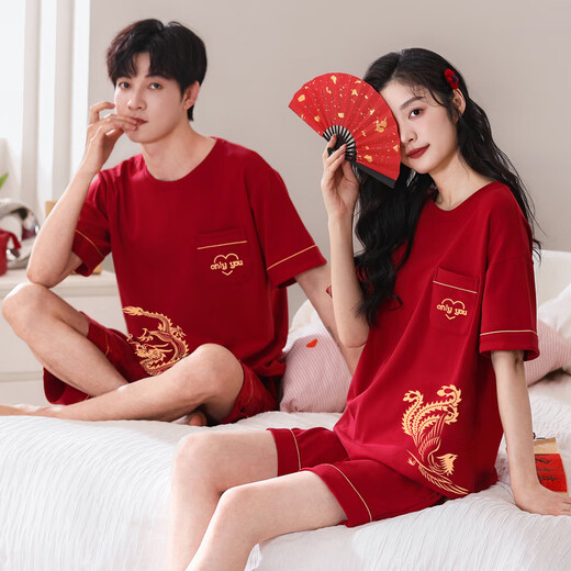 LangSha couple pajamas summer pure cotton one man and one woman red wedding with chest pad high-end gift box home wear set 5808 couple with chest pad female XXL + male XXXL