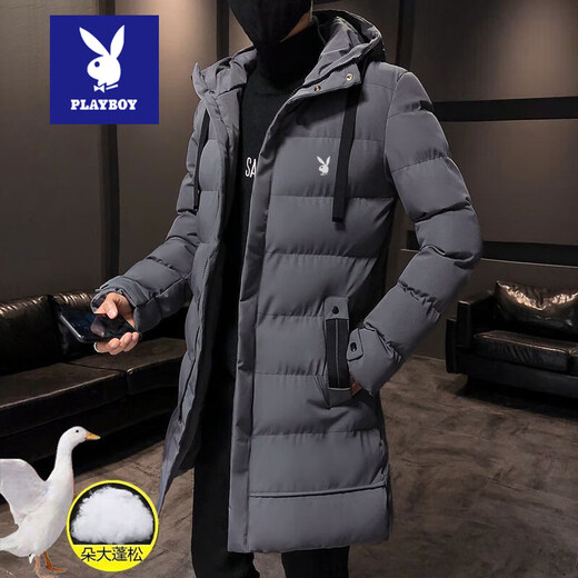 Playboy Down Jacket Winter Men's Mid-Length Coat Coldproof Warm Cotton Jacket Thickened Youth Hooded Cotton Jacket Men's Fashion Black 929-Upgraded Thickening 3XL Recommended 145-160Jin Jin equals 0.5 kg