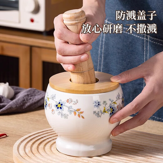 CLCEY garlic mortar household ceramic garlic mortar artifact manual mortar chili garlic masher stone mortar old-fashioned mortar masher Chunhuiman ceramic garlic masher-400ml + wooden