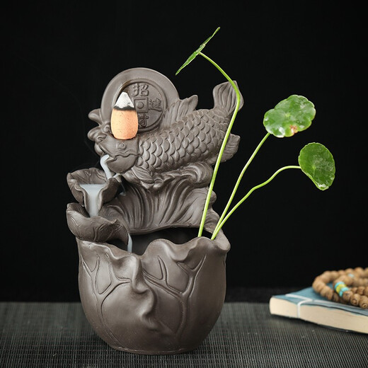 Yuxuan purple clay tea pet backflow incense burner koi ornaments fish playing in the lotus pond handmade cute fortune-enhancing pieces tea table tea play carp backflow incense burner fish playing in the lotus pond