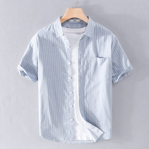 GLOY/ZENITH summer pure cotton shirt men short-sleeved striped youth casual fashion versatile shirt men fresh literary men's top 9740 light blue M (95-110Jin [Jin equals 0.5 kg])