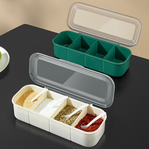 Meal General Seasoning Box Seasoning Jar with Spoon Kitchen Household Seasoning Storage Box Seasoning Utensils Salt Storage Box Simple Three-Gate Seasoning Box (Cream White)