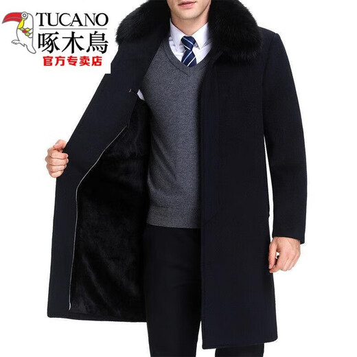 Woodpecker (TUCANO) winter thickened coat for men, dad, middle-aged and elderly windbreaker, sheep knee-length coat for grandpa, black-medium style with fur collar 3XL 190/104A160-175Jin Jin is equal to 0.5 kg