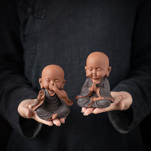 Refining Purple Clay Four Little Monk Tea Pet Ornaments with Personalized Characters for Raising Tea and Playing Zen Tea Room Tea Desktop Decorations <Black and Gray-Four Not Sets> + Three-layer Base/ZJH