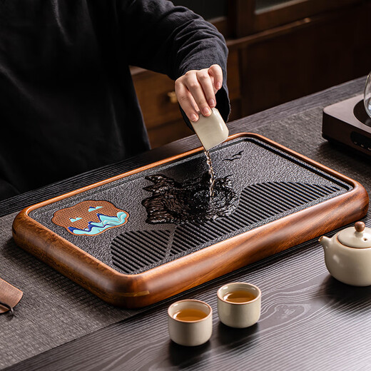 Craftsman's Tea Tray Black Gold Magnet Dry Infusion Tray Household High-end Rosewood Frame Tea Table Office Tea Set Tray Black Gold Magnet Painted Mountain Bird Walnut Tea Tray 40cm