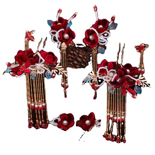 Shengli Chinese style bridal ancient costume hair accessories headdress wedding Xiuhe suit burgundy velvet flowers fresh classical wedding accessories hair accessories set