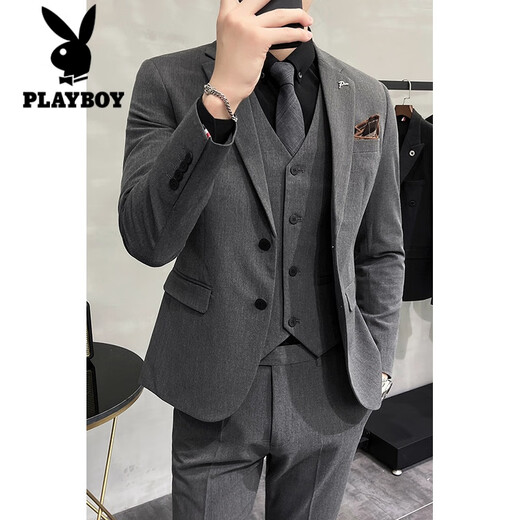 Playboy light mature style casual large size suit suit for men, Korean style slim fit two-button three-piece suit for commuting business small suit trendy light gray suit + trousers 3XL 152-162Jin Jin equals 0.5 kg