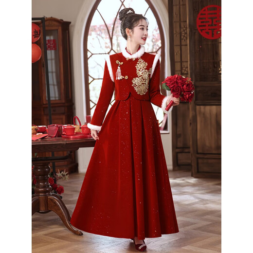 Weixuan New Chinese Style Toast Clothes Engagement Clothes Women Small Winter Pregnant Women Belly Covering Large Size Fat mm Outing Banquet Dress Skirt S