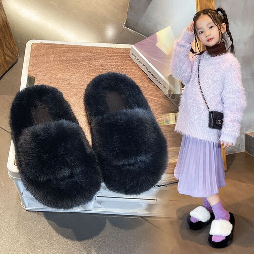 Xianzheyi Girls' Furry Slippers 2023 Winter New Indoor Non-Slip Slippers Western Style Children's Outerwear Warm Cotton Slippers Beige 28