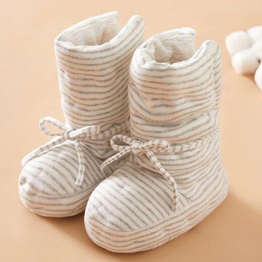 Mianguduo newborn handmade pure cotton shoes baby thickened warm foot protectors baby soft bottom 0-12 months cotton shoes gray stripes 6-12 months (inside length 13.5cm)