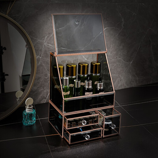 KAMAN glass cosmetics storage box, light luxury dust-proof desktop dressing table skin care product storage rack, 520 gift for wife, three drawers can store facial creams and facial masks