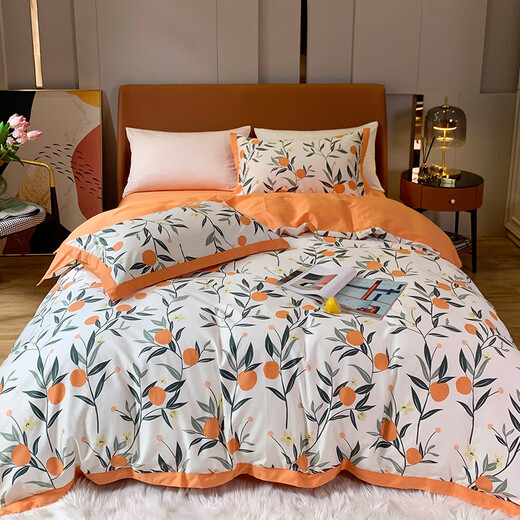 American 60-count long-staple cotton pure cotton bed sheet four-piece set with pastoral plants and flowers, pure cotton quilt cover, soft bedding SMu-Orange 1.5 meters (suitable for quilt core 200*230)
