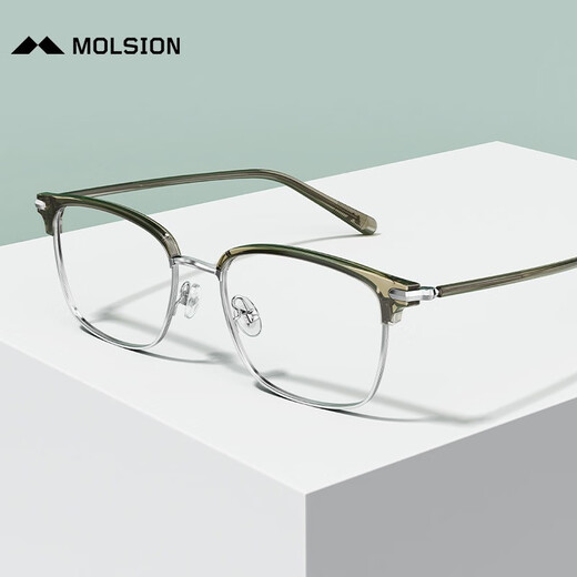 MOLSION陌森眼镜眉架肖战同款男女眼镜框配度数防蓝光MJ6180 B80银色|橄榄绿 框+优可视防蓝光1.60片(600度内)