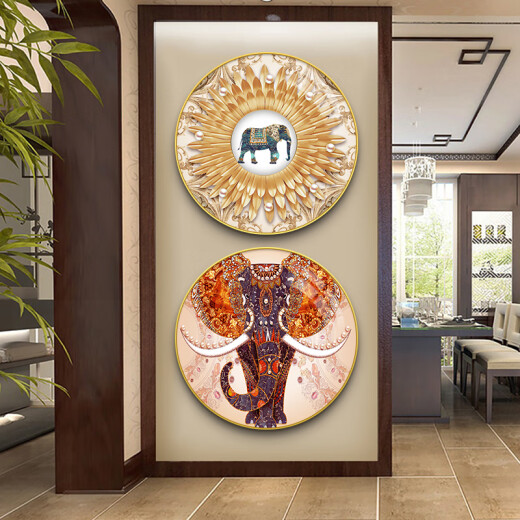 Aoyanlai Southeast Asian style hanging painting Thai elephant decorative painting Southeast Asian ethnic style decoration hanging painting Thai meal GJ0138-02 diameter 50cm light luxury gold round frame + water