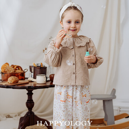 Happyology British children's tops girls embroidered shirt lapel spring and autumn embroidered long-sleeved shirt khaki 104 (104cm)