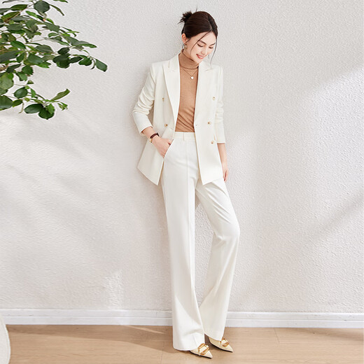 Baffia wool suit suit goddess style autumn and winter high-end professional suit jacket business commuting thick style interview navy blue suit + bell pants M