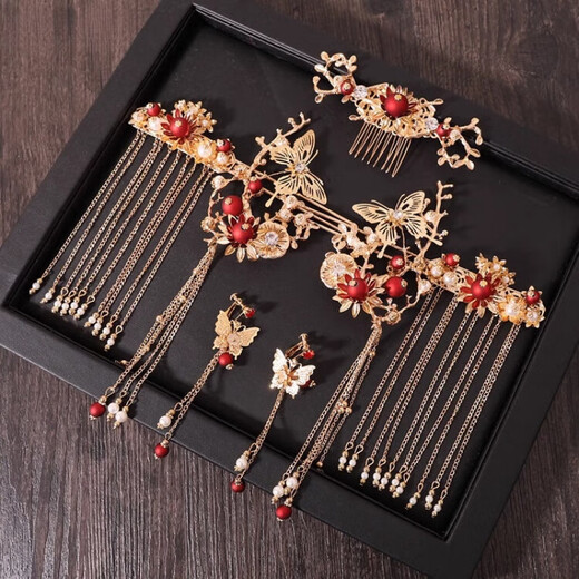 Caizhi Chinese style bridal Xiuhe headdress, simple phoenix crown, elegant Xiuhe suit, red step rocking wedding suit, hair accessory, small face, T100 suit + ear clip