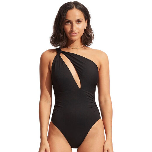 SEAFOLLY Women's one-shoulder hollow one-piece swimsuit Eco-friendly fabric Full coverage design Eco Collective Black 4