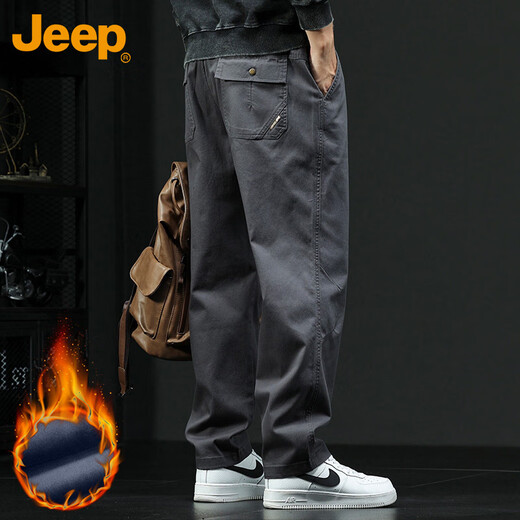JEEP casual pants men's autumn and winter straight pants men's loose trendy overalls men's pants dark gray plus velvet 3XL