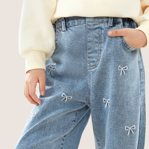 Domeowu Girls' Denim Flared Pants 25 New Autumn and Winter Children's Pants Medium and Big Children's Stretch Pants Bow Mid Blue 150