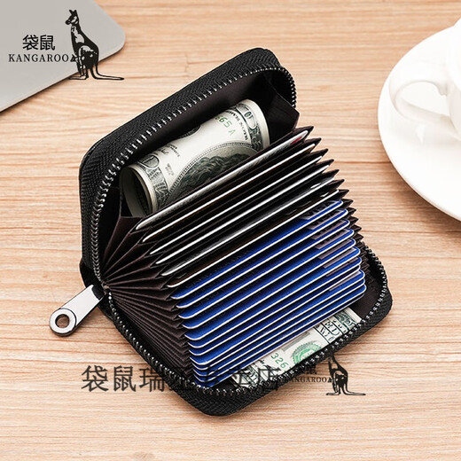 Kangaroo card holder genuine leather men's anti-degaussing document bag women's card holder driver's license holder anti-theft bank card holder cowhide black embossed label (14 card slots) jd