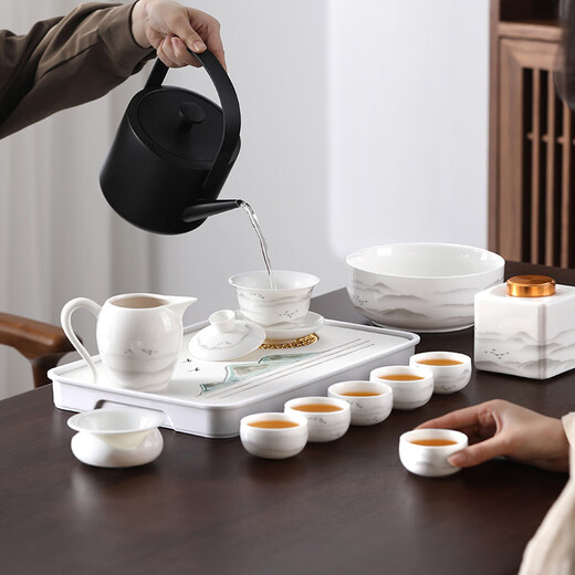 Shangyanfang mutton-fat jade porcelain Kung Fu tea set complete set of high-end tea sets with tea trays for home and office tea tureens teapots teacups 1 ink tureen (light version)