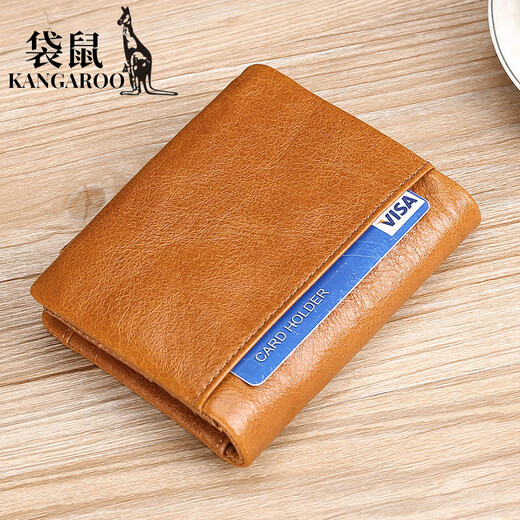
Kangaroo (KANGAROO) three-fold genuine leather retro wallet short RFID anti-theft money bag multi-card oil wax cowhide money clip men's coffee color