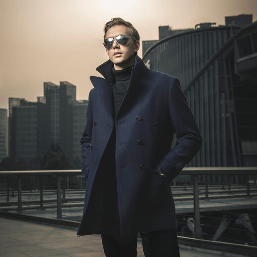 Longya New American Navy Wool Coat Men's Mid-Length Winter Business Casual Windproof Wool Jacket Dark Ink Blue M