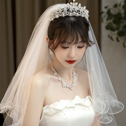 Ancient Nai Crown Tiara Veil Proposal and Certification Bride Marriage Korean Forest Crystal Crown Wedding Dress Hair Accessory Female Adult French Crown Silver + Veil (60-80cm