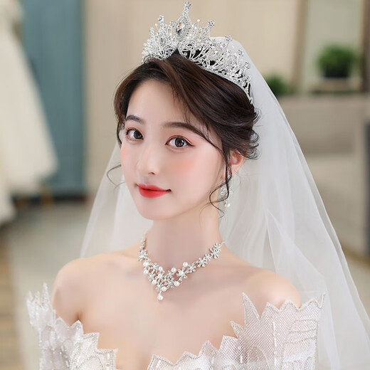 Hongzhuangnuo Bridal Crown Three-piece Set Wedding Certificate Veil Earrings Accessories Crown Tiara Necklace Proposal Exquisite Jewelry Women C5Y408 Crown Three-piece Set (Ear Acupuncture Style)