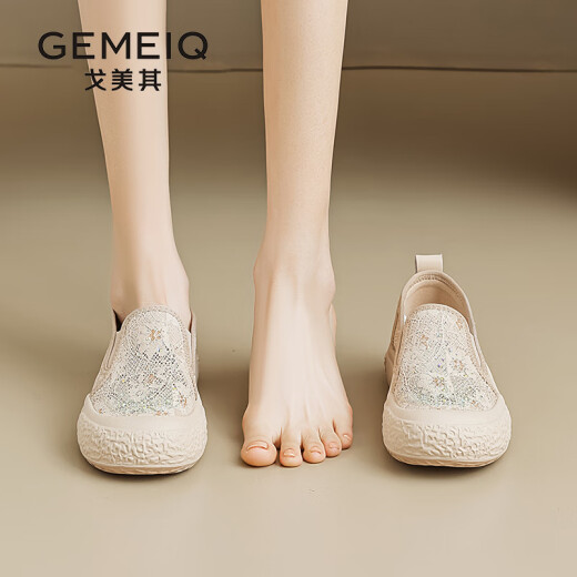 GOMEQI thick-soled fisherman's shoes for women 2024 summer new style lazy slip-on cloth shoes mesh lace breathable casual shoes for women khaki 37