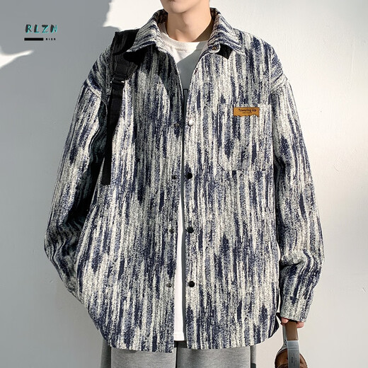 RLZN胖子大码扎染小香风夹克男春秋加肥大码潮牌宽松痞帅翻领学生外套 A001-J683蓝色 XL140-160斤