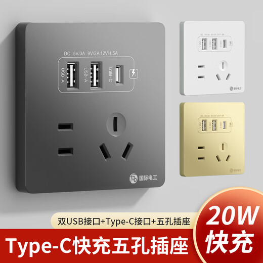 International electrician concealed type 86 20W fast charging USB socket switch panel wall mobile phone charging Type-c household five-hole five-hole 20W fast charging USB+typeC (white)