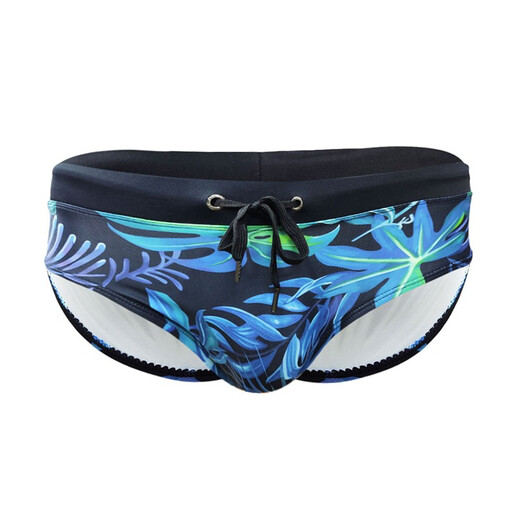 UXH tropical leaf green leaf briefs men's polyester fabric swimming pool ocean beach close-fitting elastic pants comfortable swimming equipment tethered size men's water sports black M