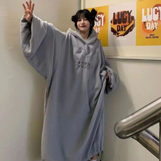 CEENIU Shuiyao daily rest pajamas and home clothes new autumn and winter oversized loose Japanese style plus velvet thickened hooded embroidery for men and women gray XL