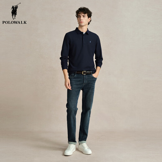 POLOWALK men's long-sleeved polo shirt men's 2024 new autumn and winter daily office workers business lapel long-sleeved polo shirt Navy XL (180)