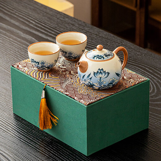 Tangfeng Ru Kiln Kung Fu Tea Set household high-end one pot and two cups personal ceramic teapot teacup gift box Ru Kiln Lotus Xishi Pot + 2 cups + gift box