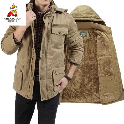 Scarecrow see exhibition car winter mid-length cotton coat men's lamb wool lining jacket cotton jacket plus velvet thickened men's jacket khaki M 110-120Jin Jin is equal to about 0.5 kg