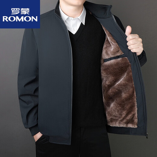 ROMON high-quality jacket new men's stand-up collar thickened velvet comfortable and warm executive jacket middle-aged 9985 black thickened 2XL135-150Jin Jin equals 0.5 kg