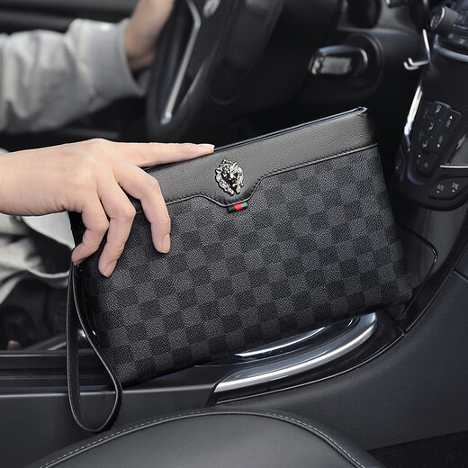 Men's clutch bag Men's genuine leather cowhide bag Gift hand grab bag Business clip bag High-end light luxury bag C-86 checked (gift box)