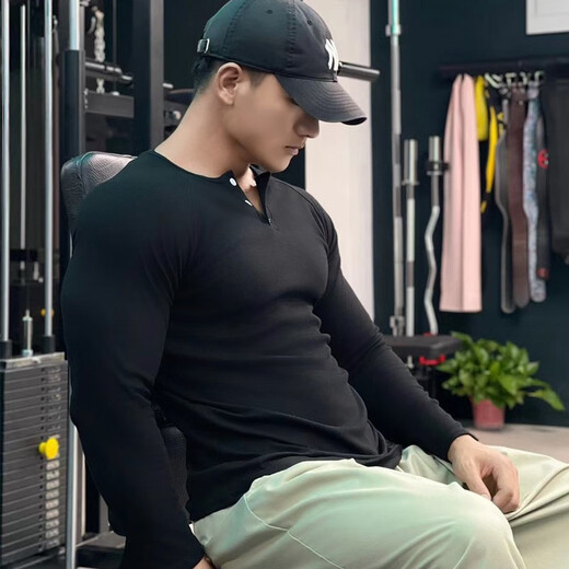 Dameitu (Dameitu) Henry shirt American long-sleeved threaded cotton retro American khaki men's raglan fitness show big Henry collar T-shirt sports black XL suitable for 60-70kg