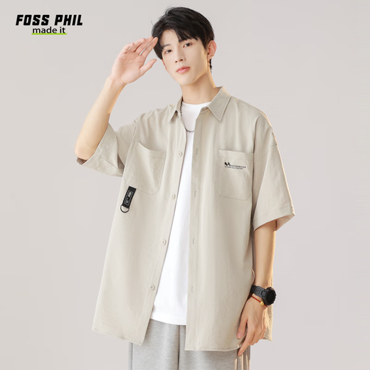 Foss Phil workwear short-sleeved shirt men's summer loose and versatile casual half-sleeved shirt top jacket FPCS8 beige XL Foss Phil workwear short-sleeved shirt men's summer loose and versatile casual half-sleeved shirt top jacket FPCS8 beige XL