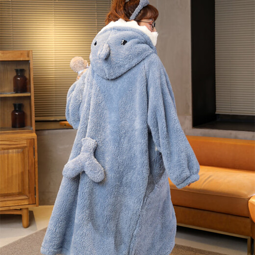 Sensheng Coral Fleece Pajamas Women 2025 New Autumn and Winter Pajamas Long Style Internet Celebrity Thickened Flannel Home Clothes Shark Dark Shark Clothing Robe S Recommendation 80-100Jin Jin is equal to 0.5 kg