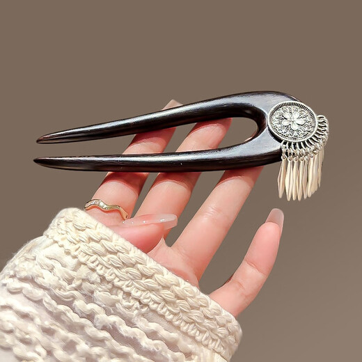 Bai Shilin's new Chinese style flower double inserted U-shaped hairpin for women, antique black sandalwood tassel hairpin 520 Valentine's Day gift for girlfriend, hairpin + exquisite gift box