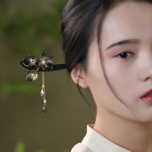 Kamalun (KAMALUN) Elegant Peach Blossom Hairpin Ancient Style Ebony Wood Hairpin High-end New Chinese Style Tassel Hairpin as a Birthday Gift for Girlfriend Qingquedai Hairpin + Brand Gift Box