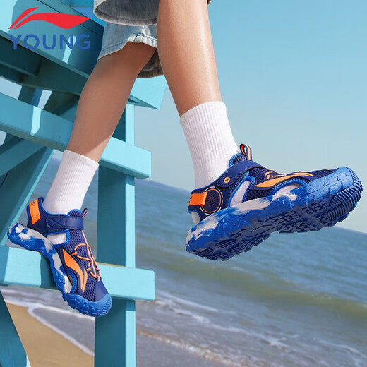 Li Ning Children's Sandals Boys Summer New Style Big Children and Teenagers Baotou Beach Shoes Sports Shoes Boys Shoes Navy Blue/Fluorescent Orange 37 Inner Length Approximately 24.2cm Suitable for Feet Length 23.2cm