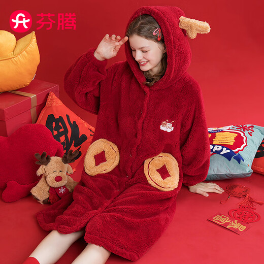 Fen Teng Couple Pajamas Zodiac Year of the Snake Coral Velvet Hooded Embroidered Long Sleeve Nanfu Puff Home Clothes Couple Pajamas Big Red-Women's L